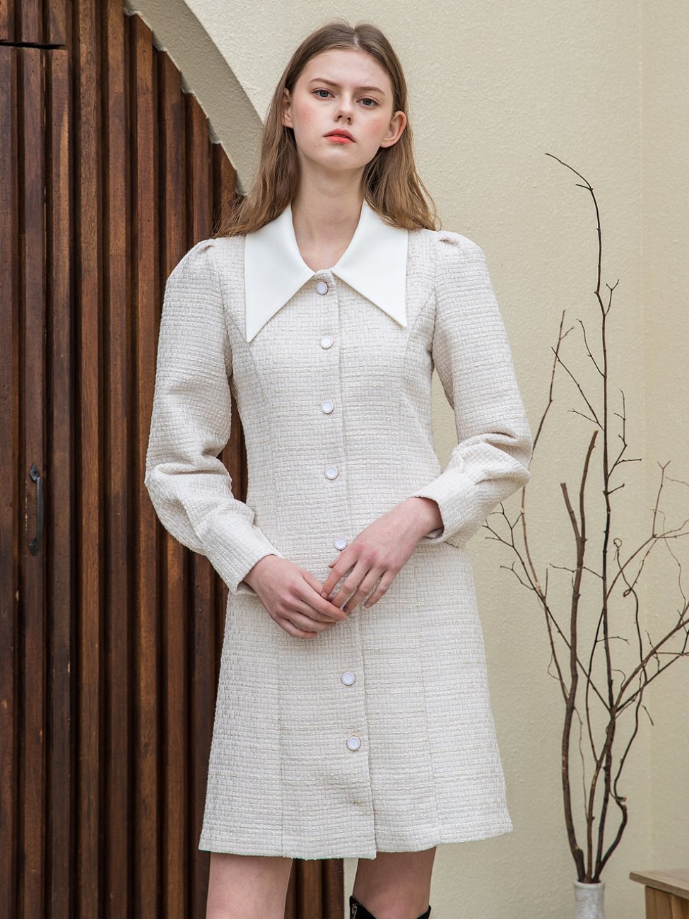 Collar Tweed Mini Dress Ivory