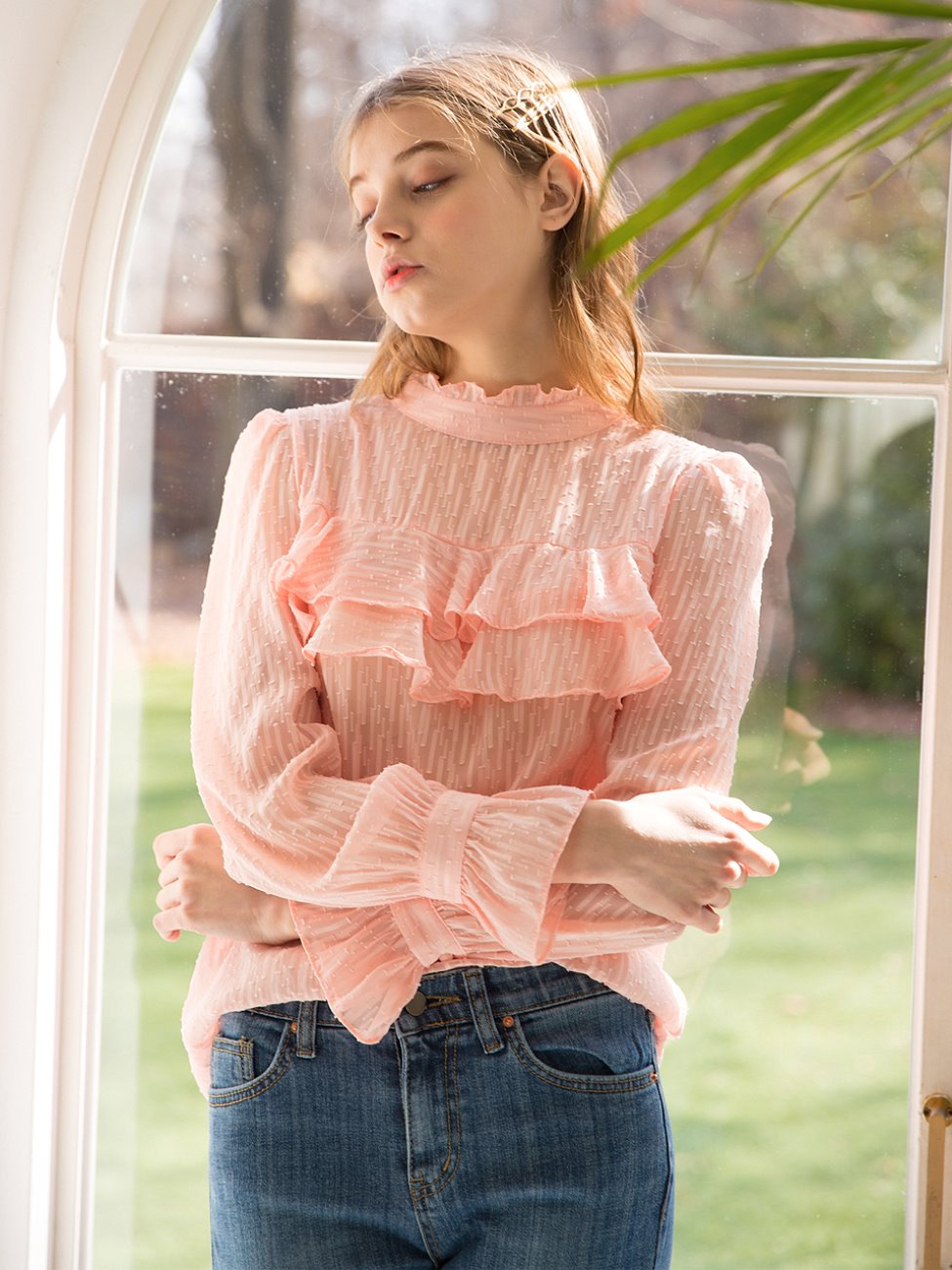 Double Frill Sheer Blouse Peach